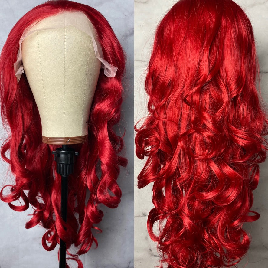 Ariel Mermaid Red Wig,Red Lace Wig,Long Wavy Red Hair Wig,Lace Front Wig,Bright Red Wigs,Rose Red Lace Wigs