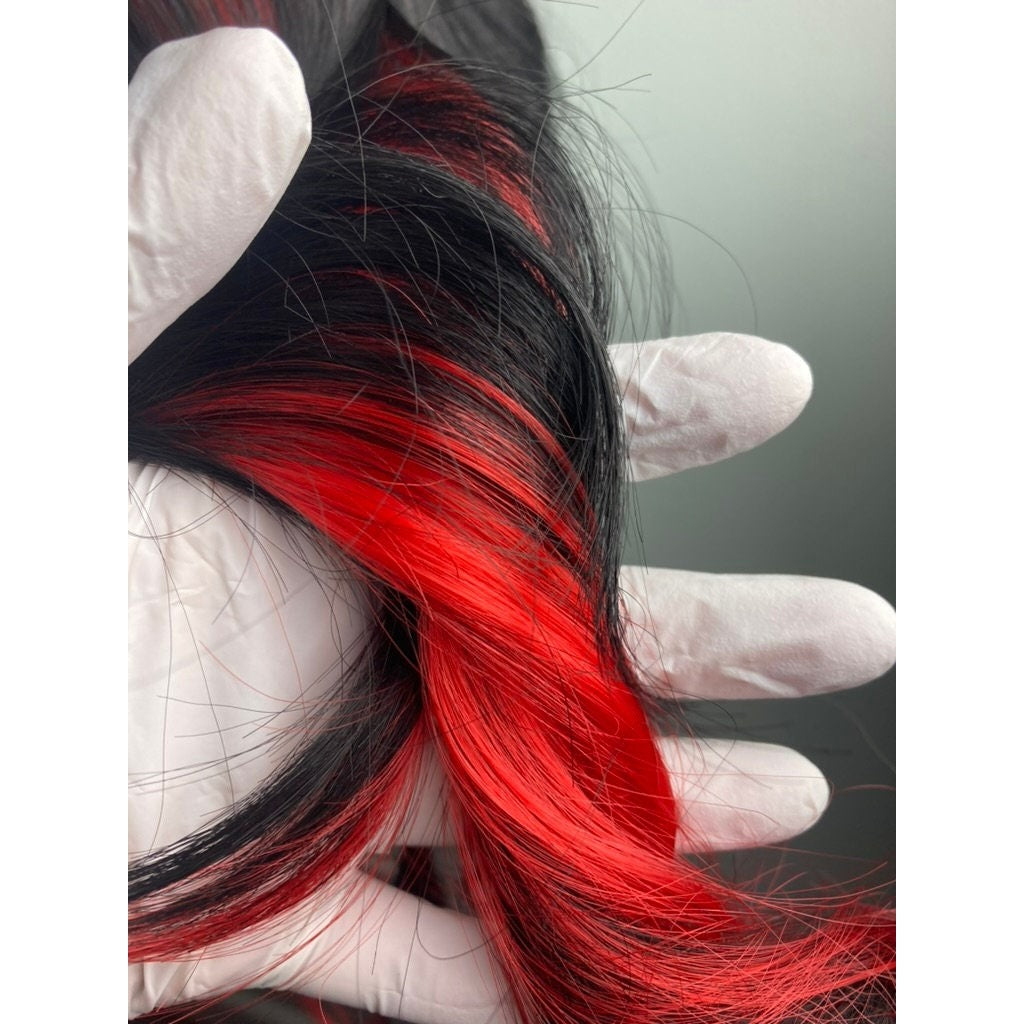,Side Part Lace Wig,Black Highlights Red Long Wavy Wig,Cosplay Red And Black Wig,Black Wig Red Streaks