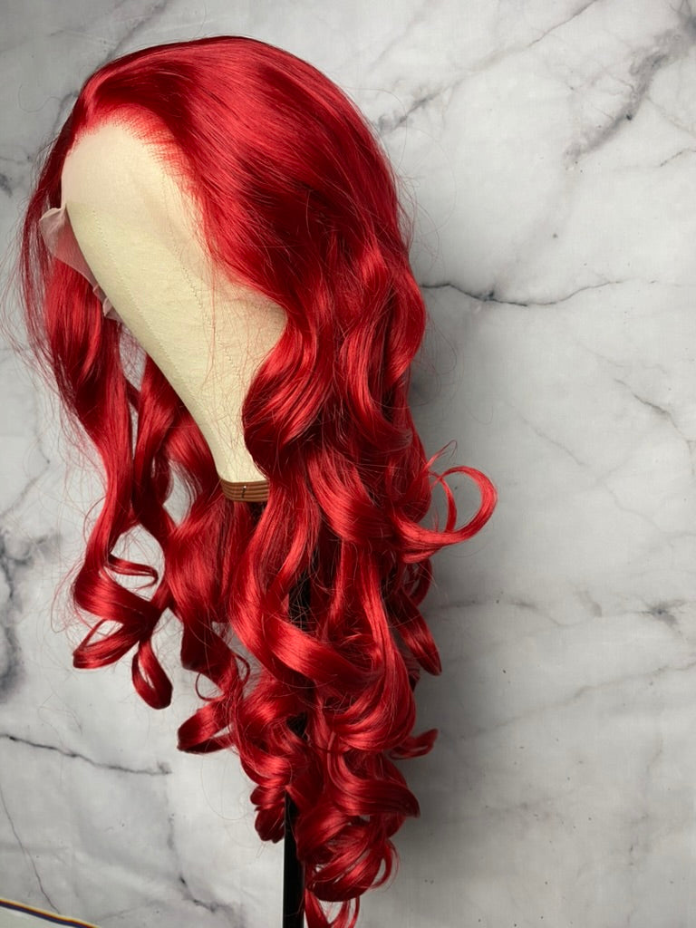 Ariel Mermaid Red Wig,Red Lace Wig,Long Wavy Red Hair Wig,Lace Front Wig,Bright Red Wigs,Rose Red Lace Wigs