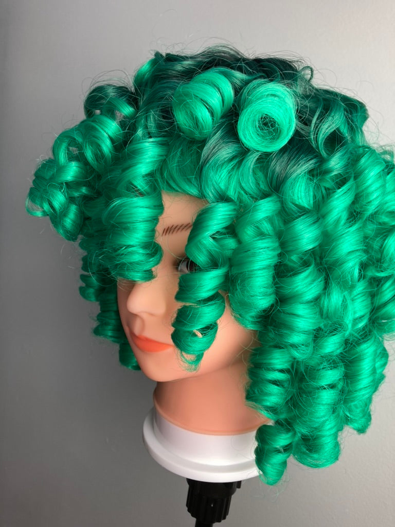 Ombre Green Big Curly Wig With Bangs