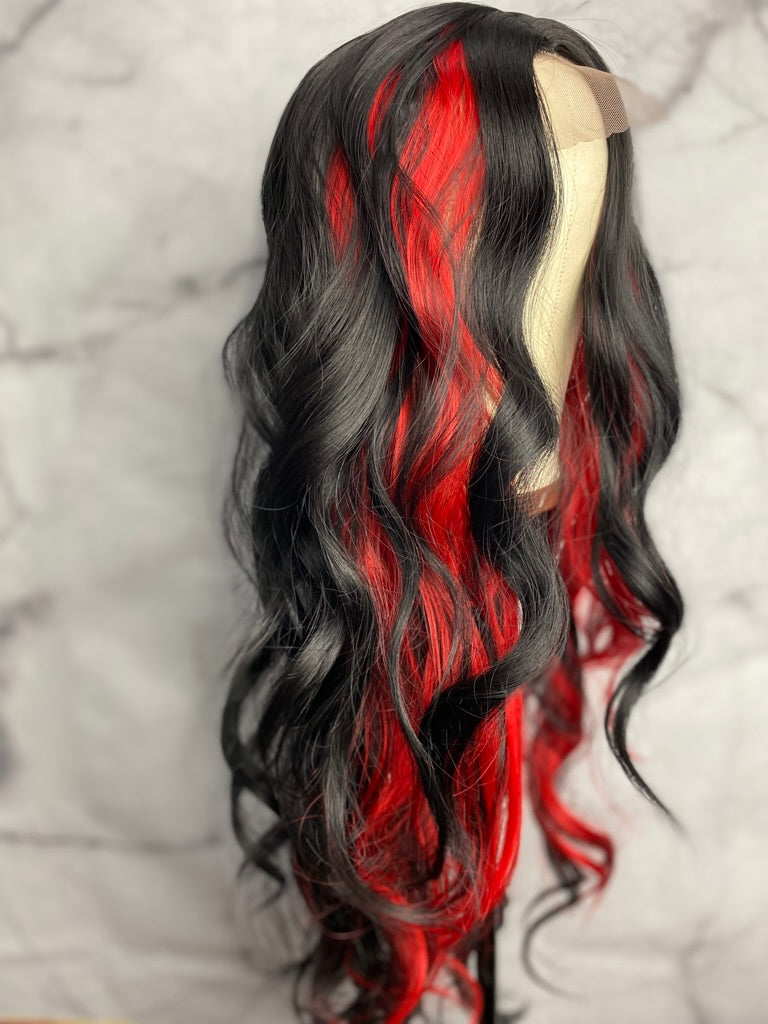 Long Body Wave Wig with Side Part Synthetic lace wig Red Highlights Hairstyles Body Wave Lace Front Wig Highlights Wig Highlight Lace Front Wig