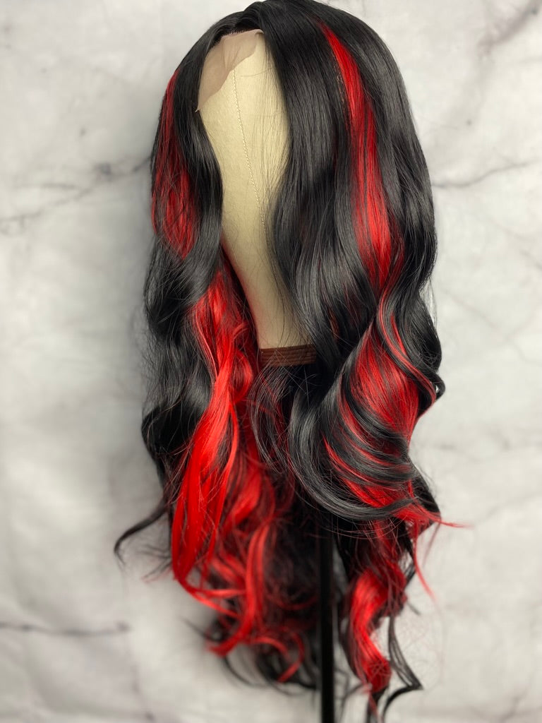 Long Body Wave Wig with Side Part Synthetic lace wig Red Highlights Hairstyles Body Wave Lace Front Wig Highlights Wig Highlight Lace Front Wig