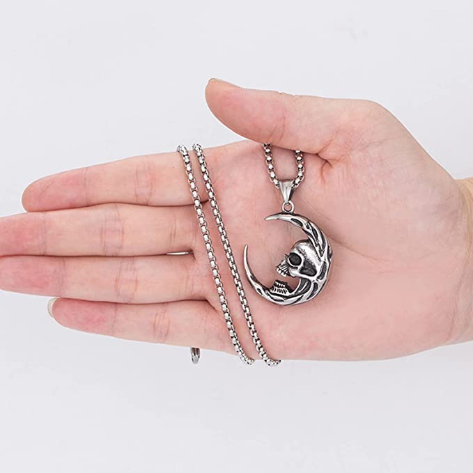 Skull Necklace Moon Pendant Gothic Jewelry Silver Punk Crescent Biker Men Stainless Steel Women Chain Moth 24 Raven 925 Sterling