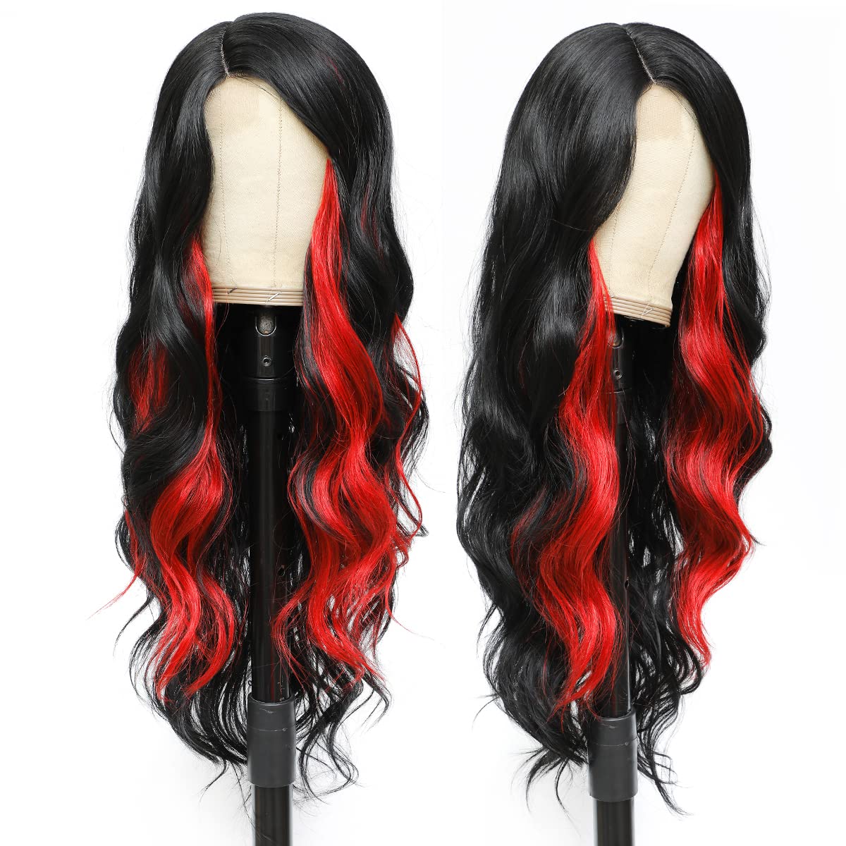 ,Side Part Lace Wig,Black Highlights Red Long Wavy Wig,Cosplay Red And Black Wig,Black Wig Red Streaks