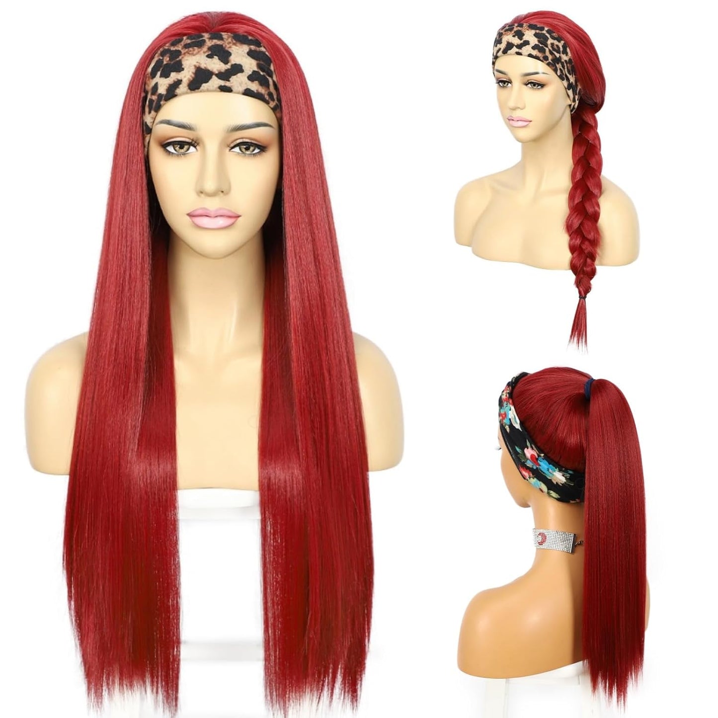 red straight headband wig, bold red synthetic wig, 26 inch red wig with headband, glueless red wig for women