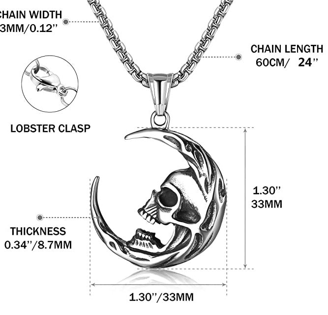 Skull Necklace Moon Pendant Gothic Jewelry Silver Punk Crescent Biker Men Stainless Steel Women Chain Moth 24 Raven 925 Sterling