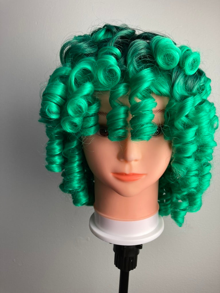Ombre Green Big Curly Wig With Bangs