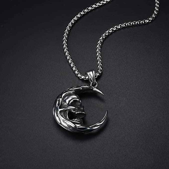 Skull Necklace Moon Pendant Gothic Jewelry Silver Punk Crescent Biker Men Stainless Steel Women Chain Moth 24 Raven 925 Sterling