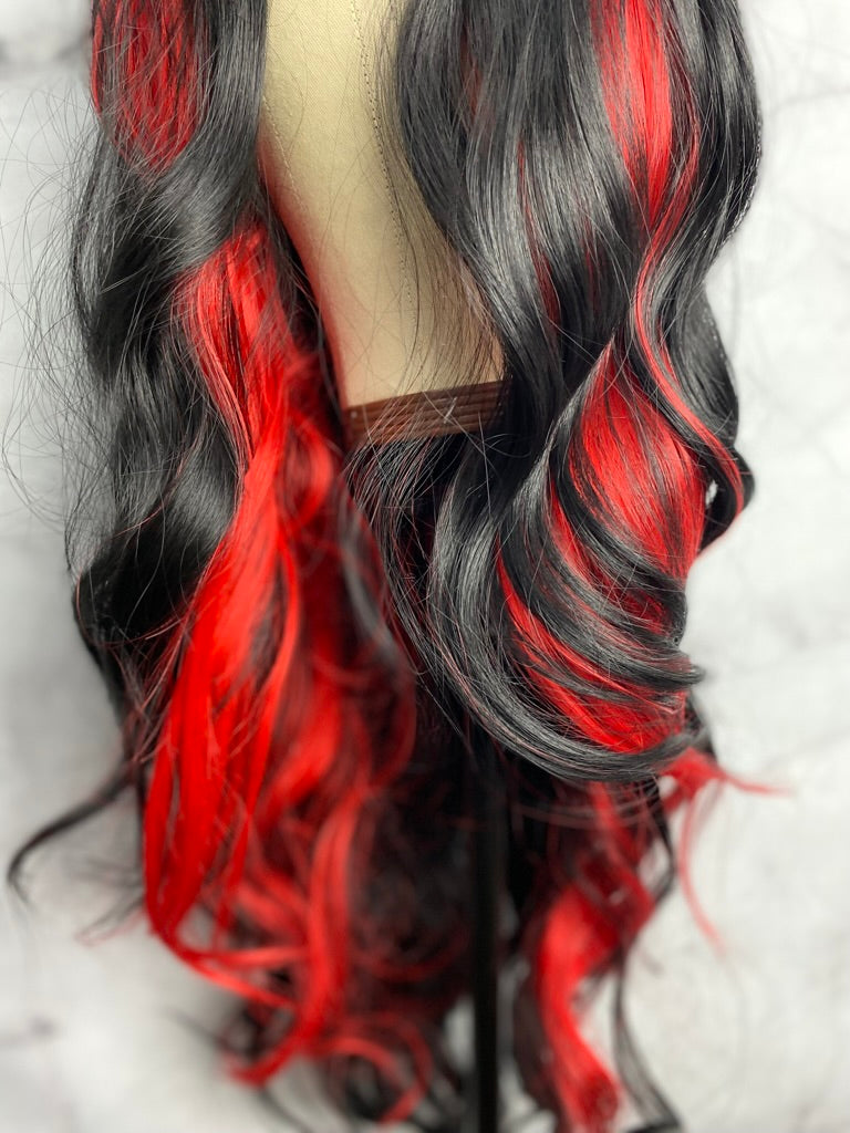 Long Body Wave Wig with Side Part Synthetic lace wig Red Highlights Hairstyles Body Wave Lace Front Wig Highlights Wig Highlight Lace Front Wig