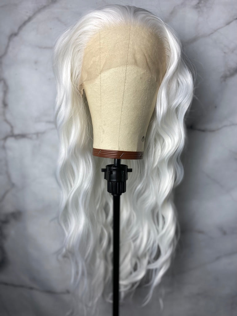 Long snow white hairstyles,Wavy White Synthetic lace Front Wig