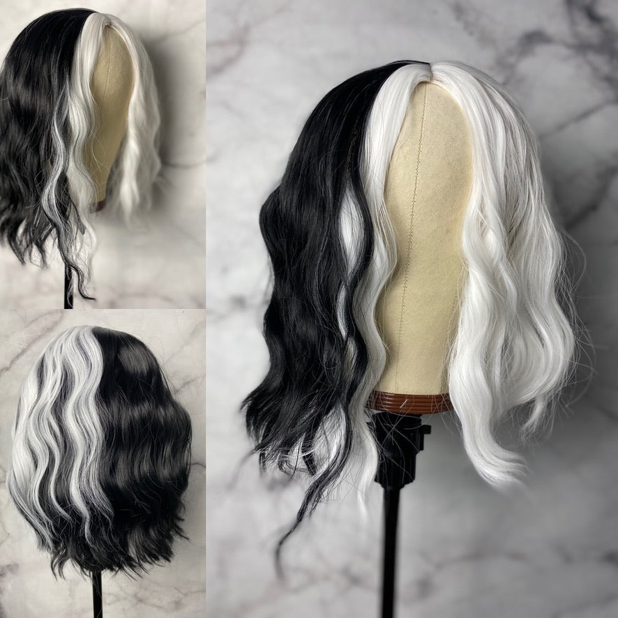 Cruella De Vil Hair Wig,Split Dye Wig,Black Wig With White Wigs,Short Wavy Wig,Black & White Wigs,Short Bob Wig,White Black Costume Wig