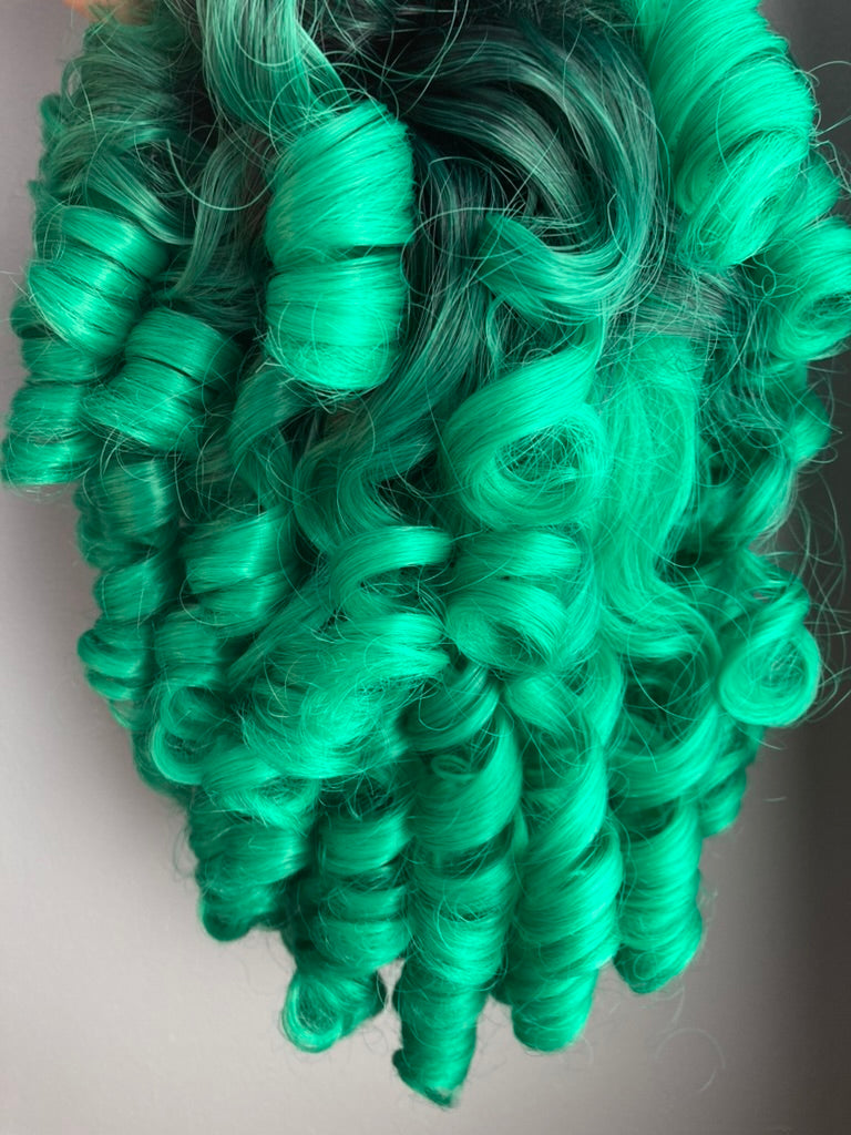 Ombre Green Big Curly Wig With Bangs