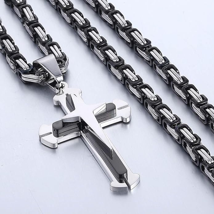 Black & Silver Cross Necklace For Men