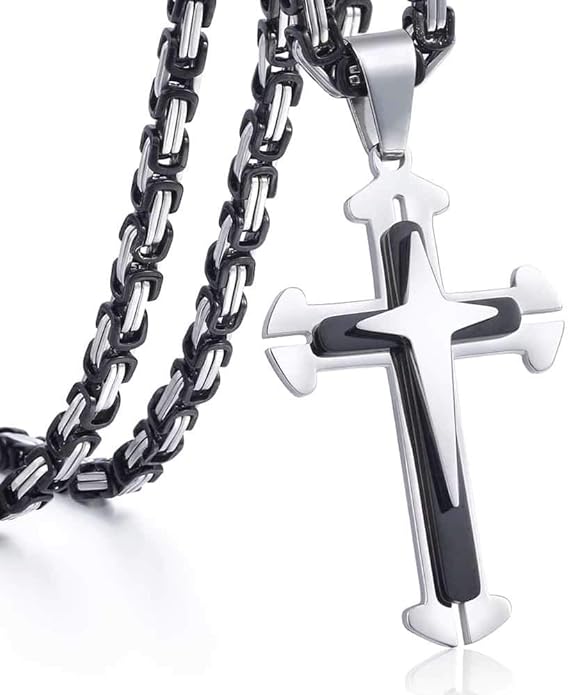 Black & Silver Cross Necklace For Men
