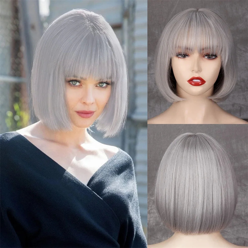 Short Bob Wig with Bangs – Synthetic