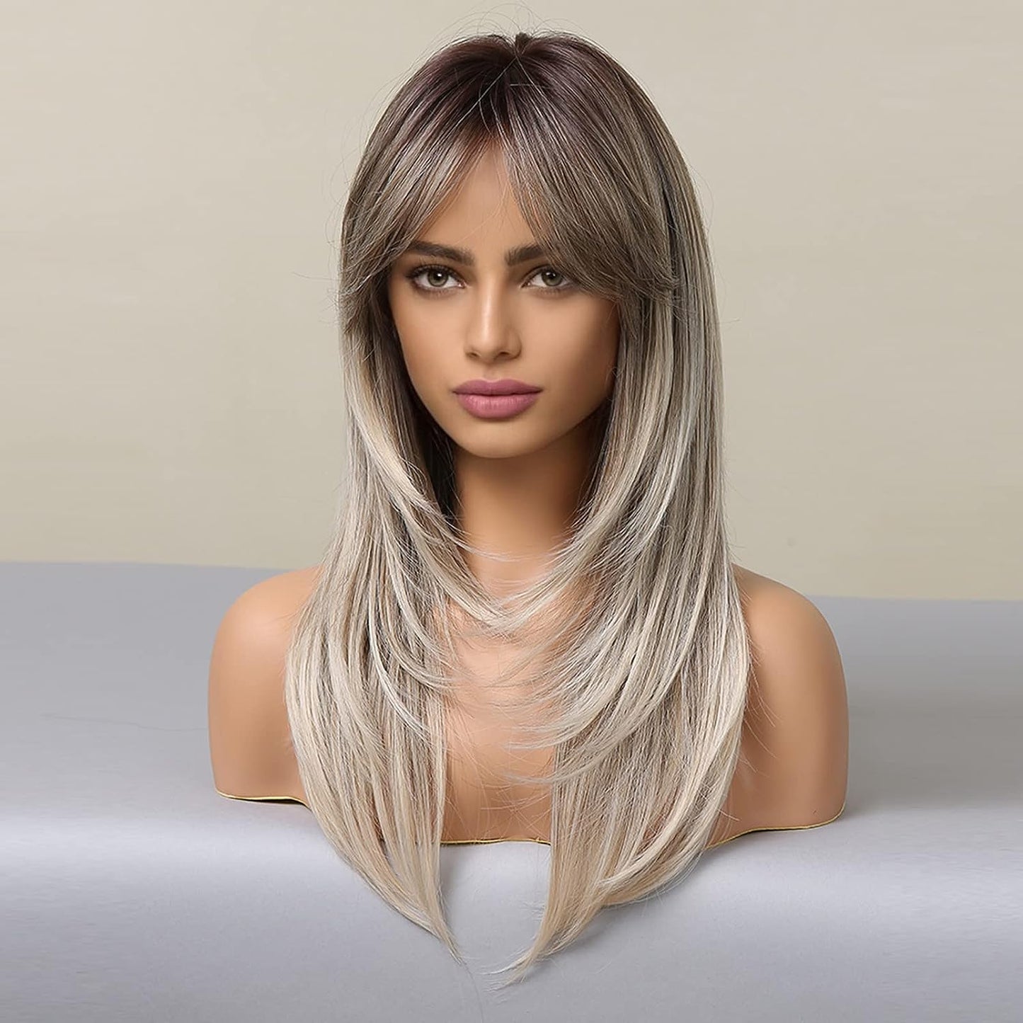 Ombre Platinum Blonde Wigs for Women Long Straight Layers Hair Wigs with Curtain Bangs Heat Resisatnt Synthetic Hair Replacement for Daily Cosplay Use