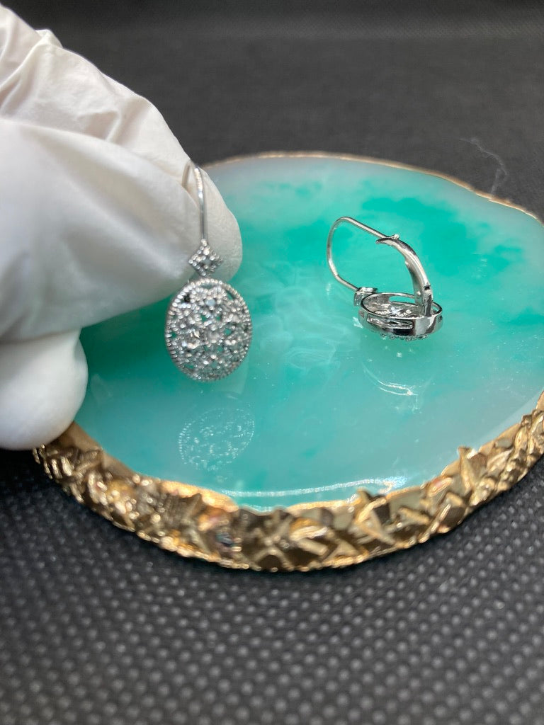 Accented Filigree Oval Earrings,Dangle Sterling Silver,Leverback Drop,Minimalist Dangly Earrings