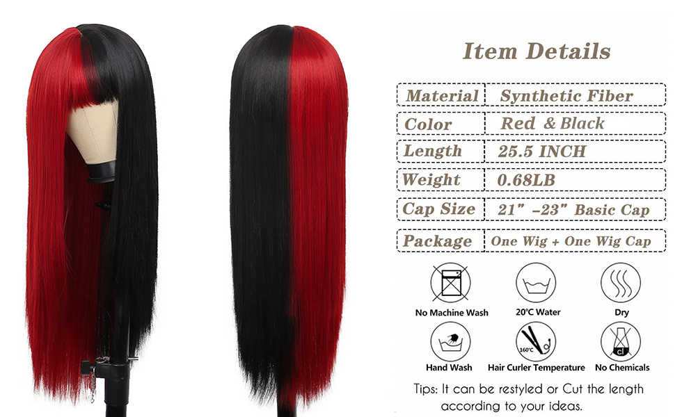 Half Red Half Black Split Dye Hair Wig with Bangs