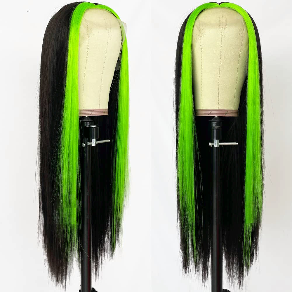 black and green hair dark green highlights,Fluorescent Green Highlights Light Yaki hair wig,black green hair ombre,black to neon green ombre hair,Neon Green Hair,green highlight hair,wig hairstyles ideas black women,greenhair,splithair,green highlights in black hair, green and black long hair ,green highlights straight wig,light green wig