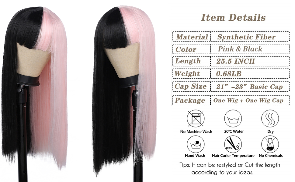 Split Dye Half Pink and Black Cosplay Hair Wigs