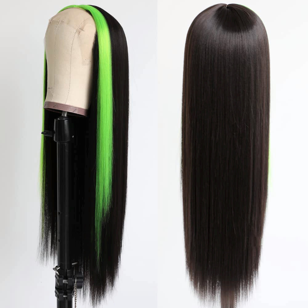 Fluorescent Green Highlights Light Yaki hair wig,black green hair ombre,black to neon green ombre hair,Neon Green Hair,green highlight hair,wig hairstyles ideas black women,greenhair,splithair,green highlights in black hair, green and black long hair ,green highlights straight wig,light green wig