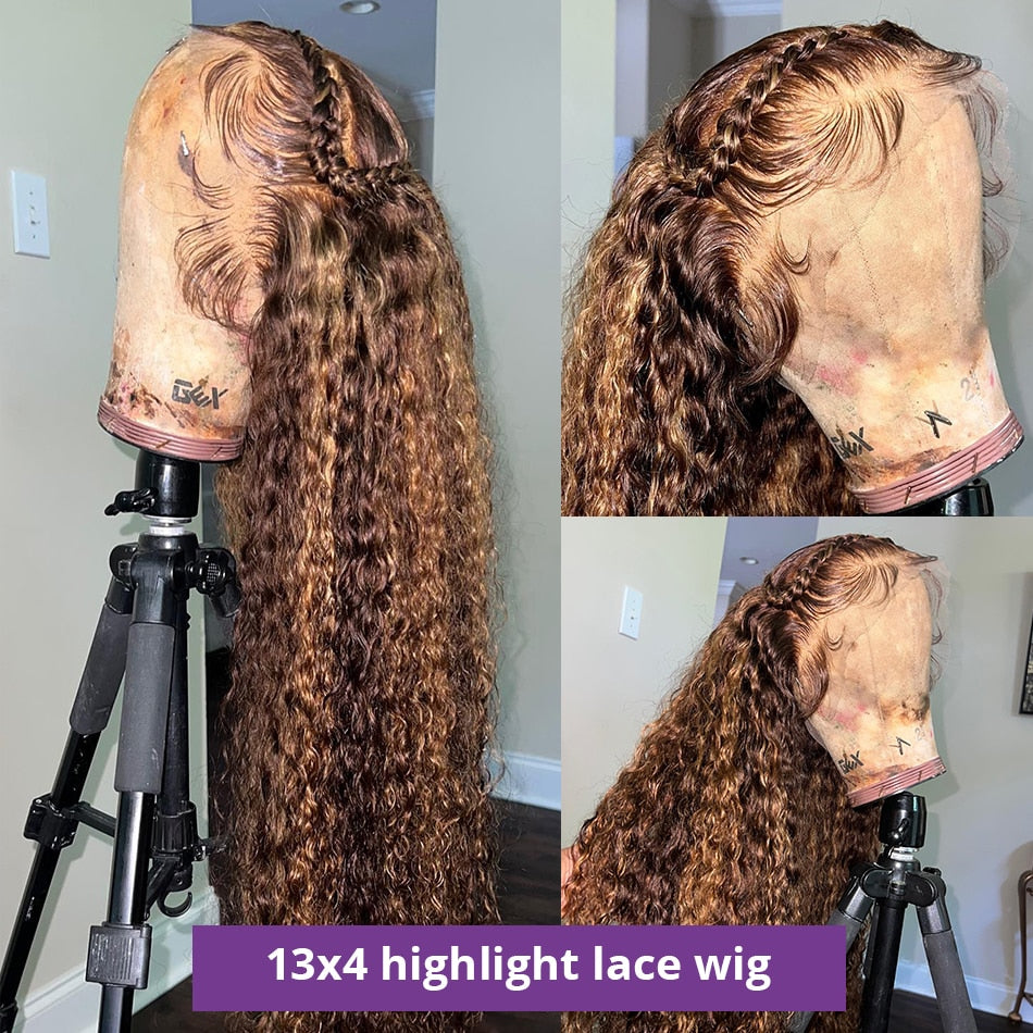 Ombre Lace Front Wigs Human Hair Highlight 13x4 HD Transparent Deep Curly Lace Front Wig Human Hair for Women 180% density Honey Blonde 4/27 Deep Frontal Wig Pre Plucked with Baby Hair