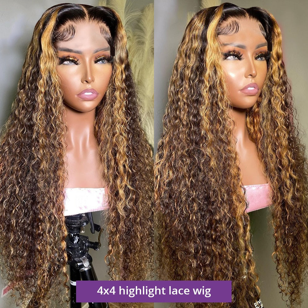 Ombre Lace Front Wigs Human Hair Highlight 13x4 HD Transparent Deep Curly Lace Front Wig Human Hair for Women 180% density Honey Blonde 4/27 Deep Frontal Wig Pre Plucked with Baby Hair