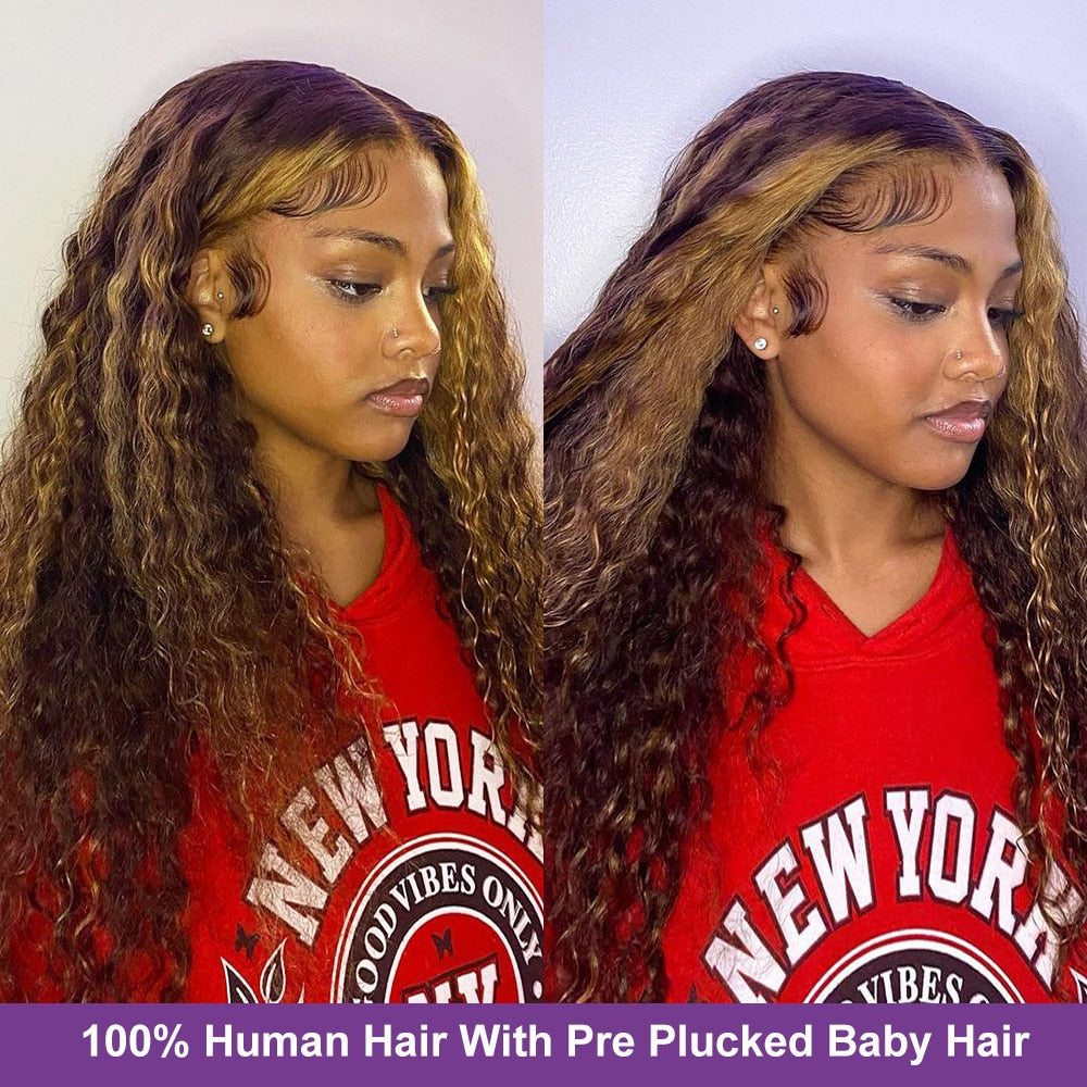 Ombre Lace Front Wigs Human Hair Highlight 13x4 HD Transparent Deep Curly Lace Front Wig Human Hair for Women 180% density Honey Blonde 4/27 Deep Frontal Wig Pre Plucked with Baby Hair
