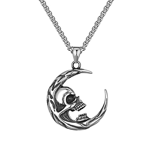 Skull Necklace Moon Pendant Gothic Jewelry Silver Punk Crescent Biker Men Stainless Steel Women Chain Moth 24 Raven 925 Sterling
