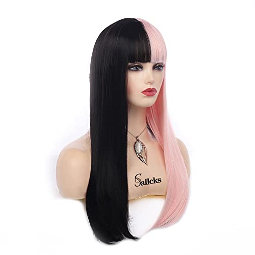 Long Straight Half Black Half Pink Wig