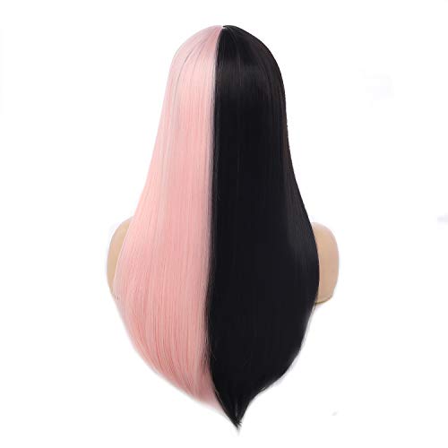 Long Straight Half Black Half Pink Wig