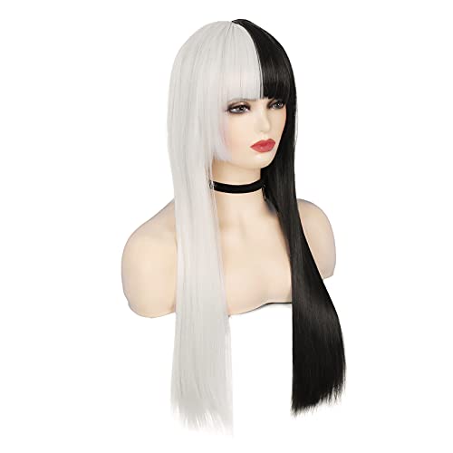 Long Straight Half White Half Black Wigs