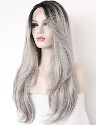 Black Root Ombre Grey Lace Front Wig For Women