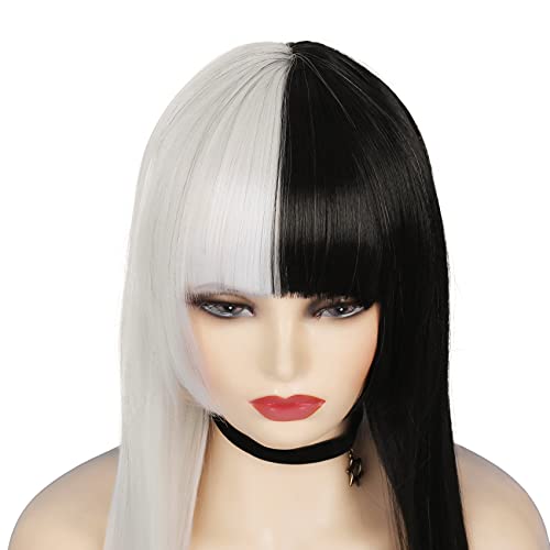 Long Straight Half White Half Black Wigs