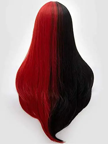 Half Red Half Black Split Dye Hair Wig with Bangs