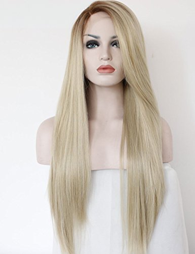Straight Side Part Ombre Blonde -With Brown Roots Lace Front Wig