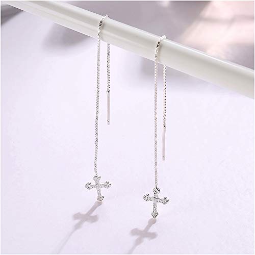 925 Sterling Silver Ear Line Cross Threader Drop Earrings