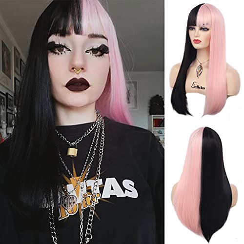 Long Straight Half Black Half Pink Wig