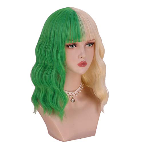 Half Blonde Half Green Wig With Bangs