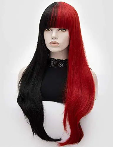 Half Red Half Black Split Dye Hair Wig with Bangs