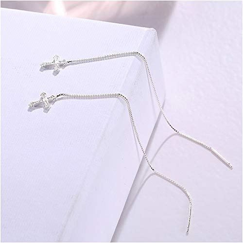 925 Sterling Silver Ear Line Cross Threader Drop Earrings
