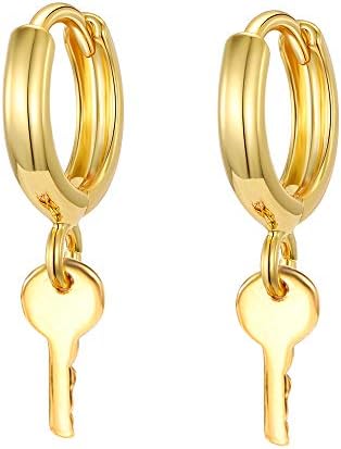 Gold Huggie Small Hoop Key Earrings