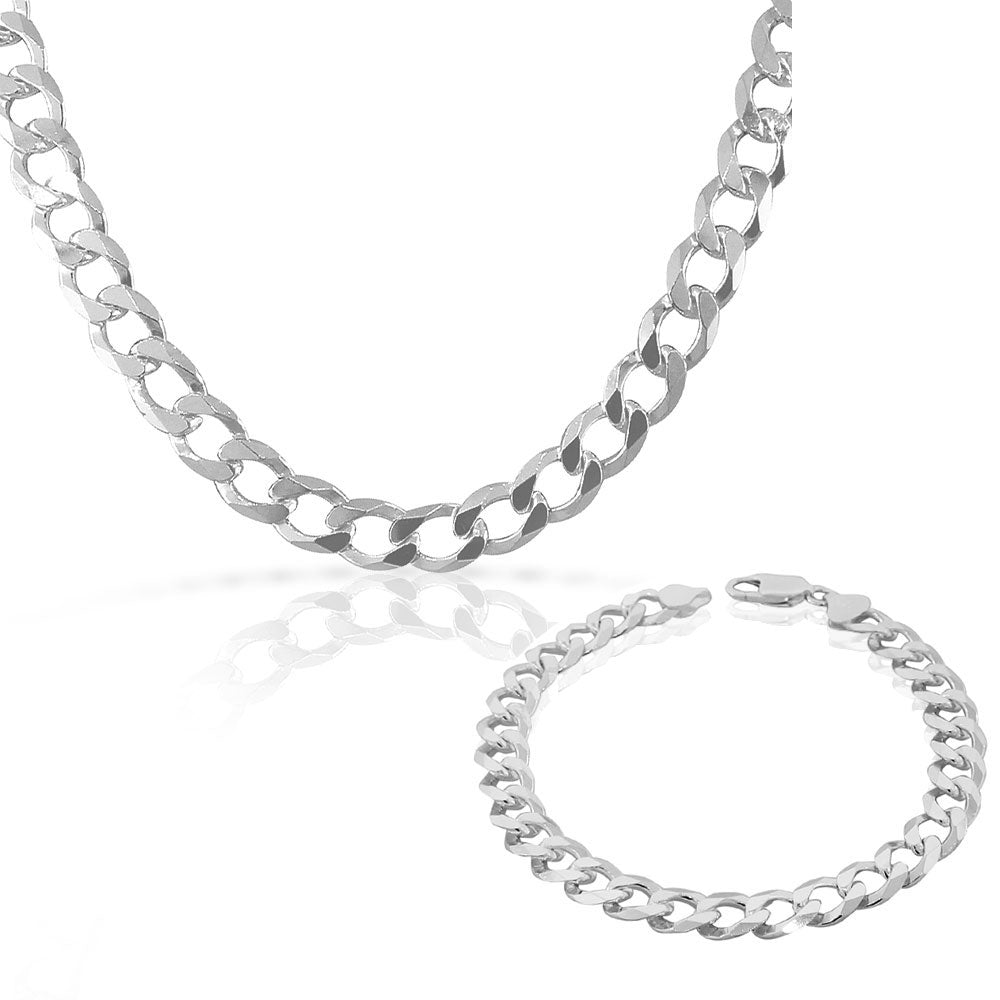 Classic Cuban Curb Link 925 Sterling Silver|Mens Chain Necklace Bracelet Set