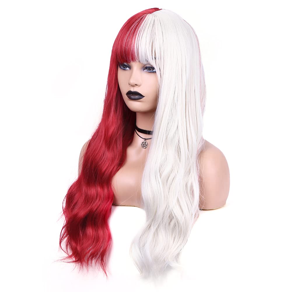 Split Dye White Red Wavy Wigs With Bangs