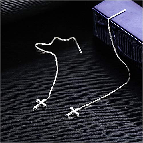 925 Sterling Silver Ear Line Cross Threader Drop Earrings