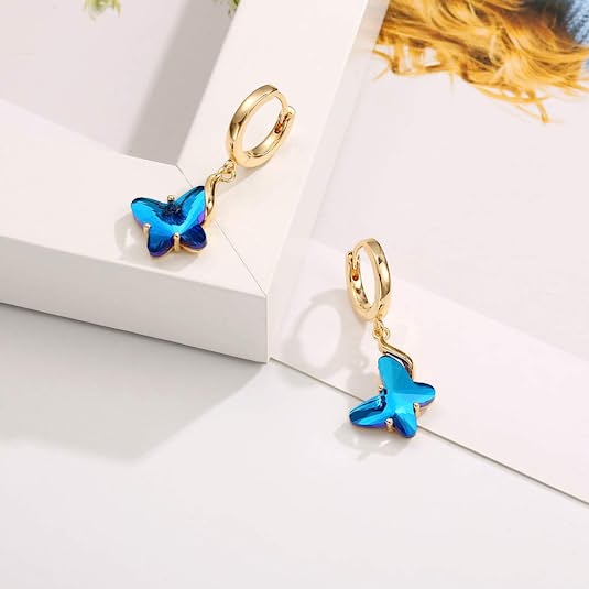 Gold Blue Butterfly Hoop Earrings