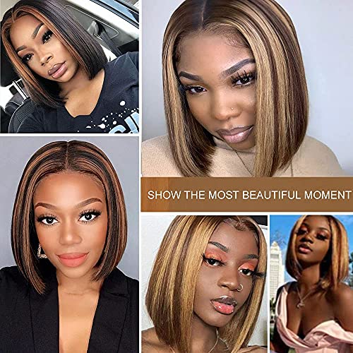 Short Straight Bob Highlights T Lace Front Wigs