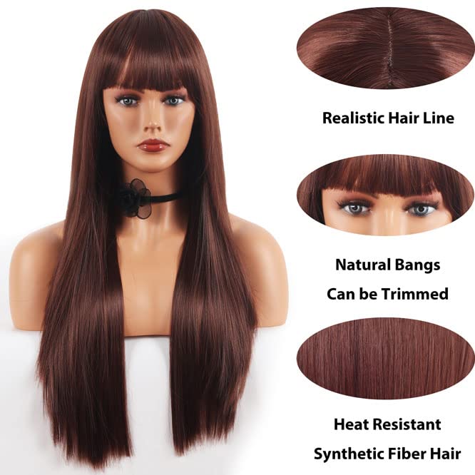 Long Straight Brown Wig with Bangs, Dark Brown Wig for Women