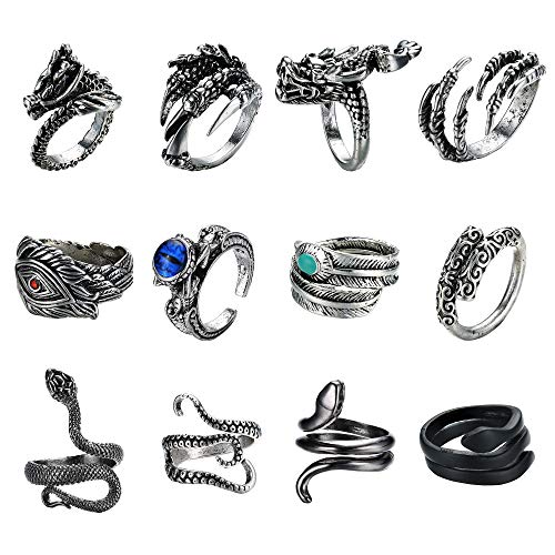 12Pcs Dragon Snake Vintage Punk Rings for Men