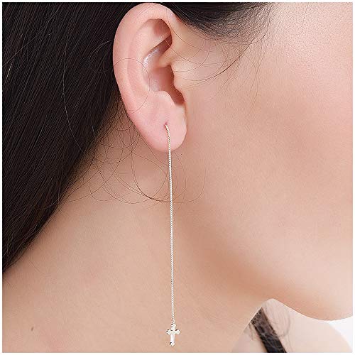 925 Sterling Silver Ear Line Cross Threader Drop Earrings